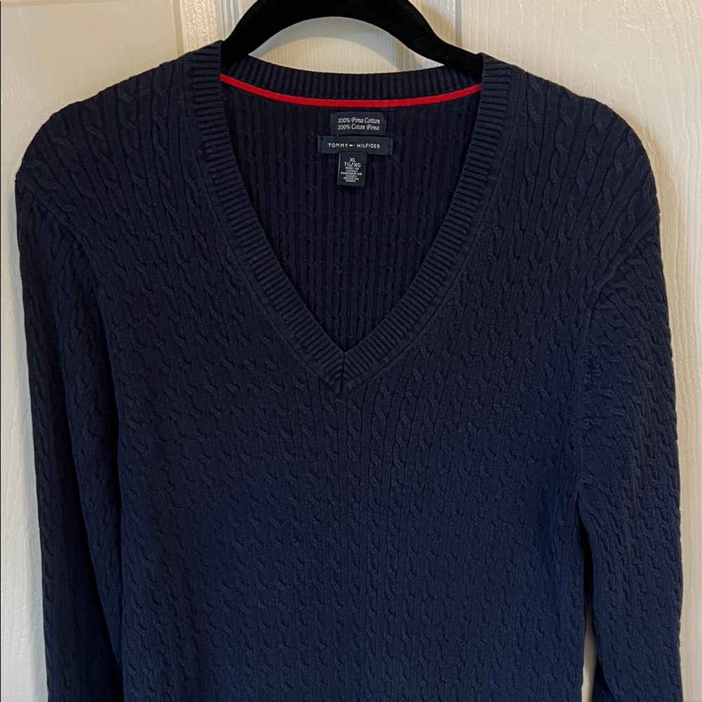Tommy Hilfiger Navy Blue V-Neck Cable Knit Sweater